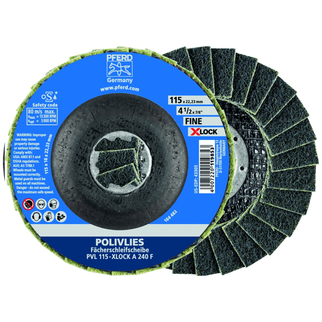 PFERD TOOLS POLIVLIES-Fächerscheibe PVL Korund Ø 115 mm Bohrung 22,23 mm/X-LOCK A240F für Feinschliff