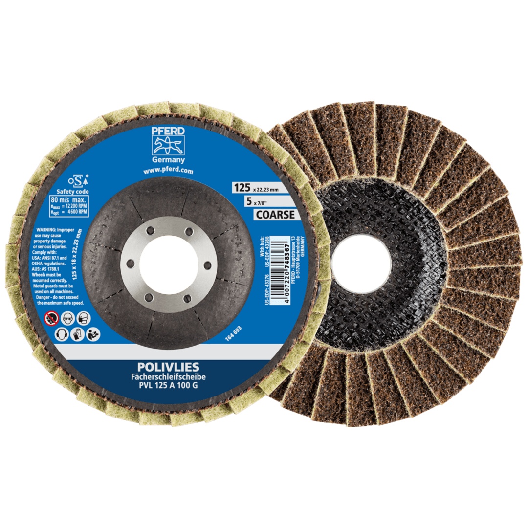 PFERD TOOLS POLIVLIES-Fächerscheibe PVL Korund Ø 125 mm Bohrung 22,23 mm A100G für Feinschliff