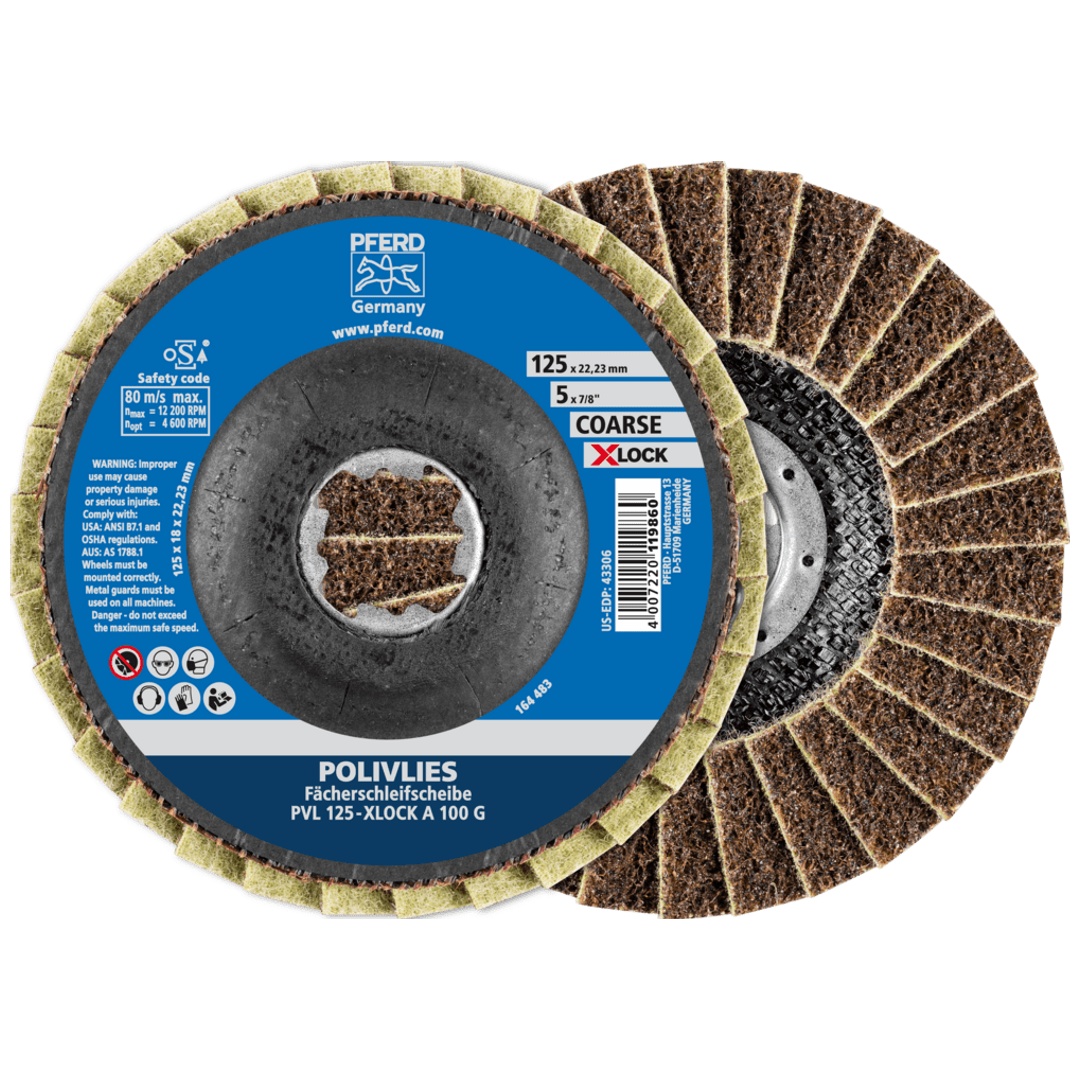 PFERD TOOLS POLIVLIES-Fächerscheibe PVL Korund Ø 125 mm Bohrung 22,23 mm/X-LOCK A100G für Feinschliff