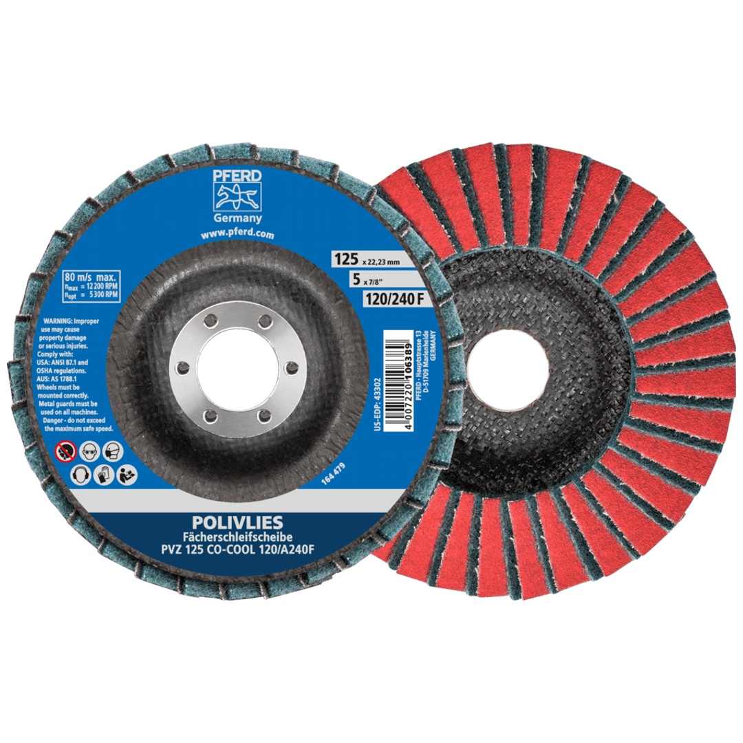 PFERD TOOLS POLIVLIES-Fächerscheibe PVZ Keramik Ø 125 mm Bohrung 22,23 mm CO-COOL120/A240F für Feinschliff