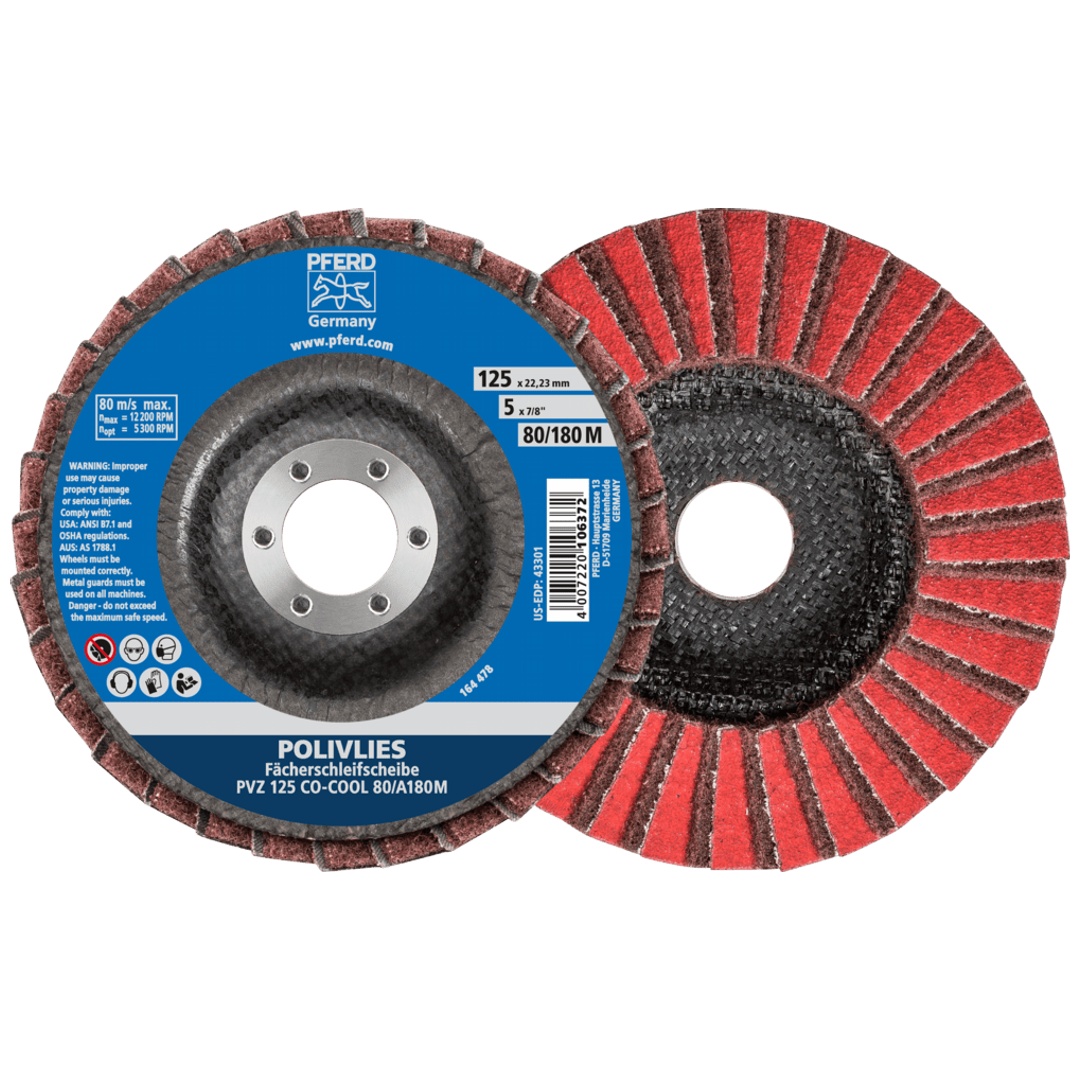 PFERD TOOLS POLIVLIES-Fächerscheibe PVZ Keramik Ø 115 mm Bohrung 22,23 mm CO-COOL60/A100 G für Feinschliff
