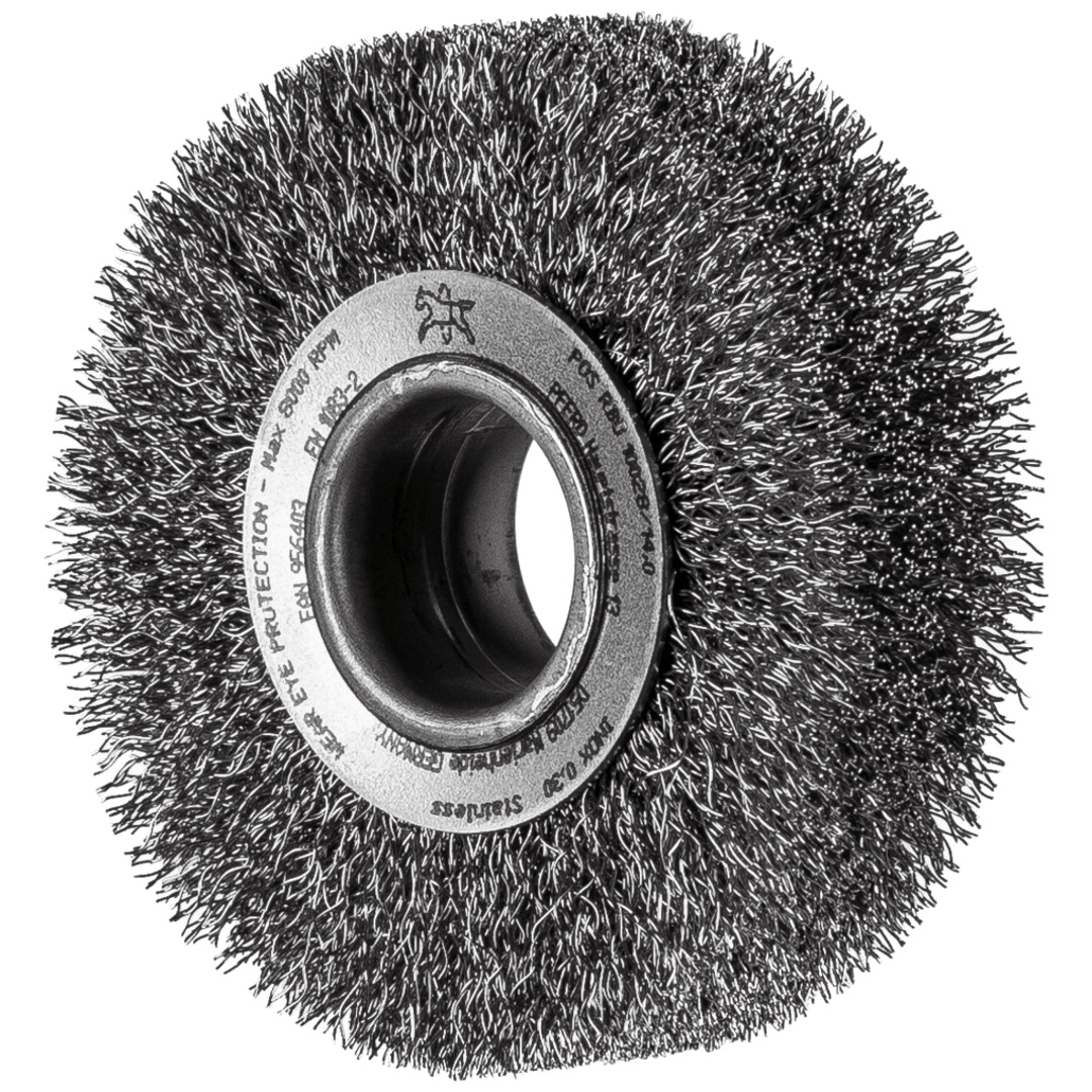 PFERD TOOLS Rundbürste breit ungezopft RBU Ø100x28xvariable Bohrung Edelstahl-Draht-Ø0,30 Schleifbock