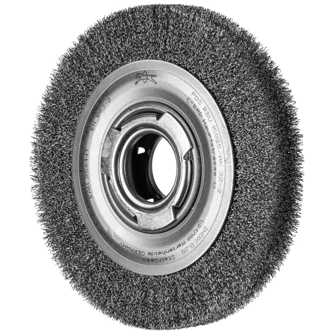 PFERD TOOLS Rundbürste breit ungezopft RBU Ø150x25xvariable Bohrung Edelstahl-Draht-Ø0,20 Schleifbock