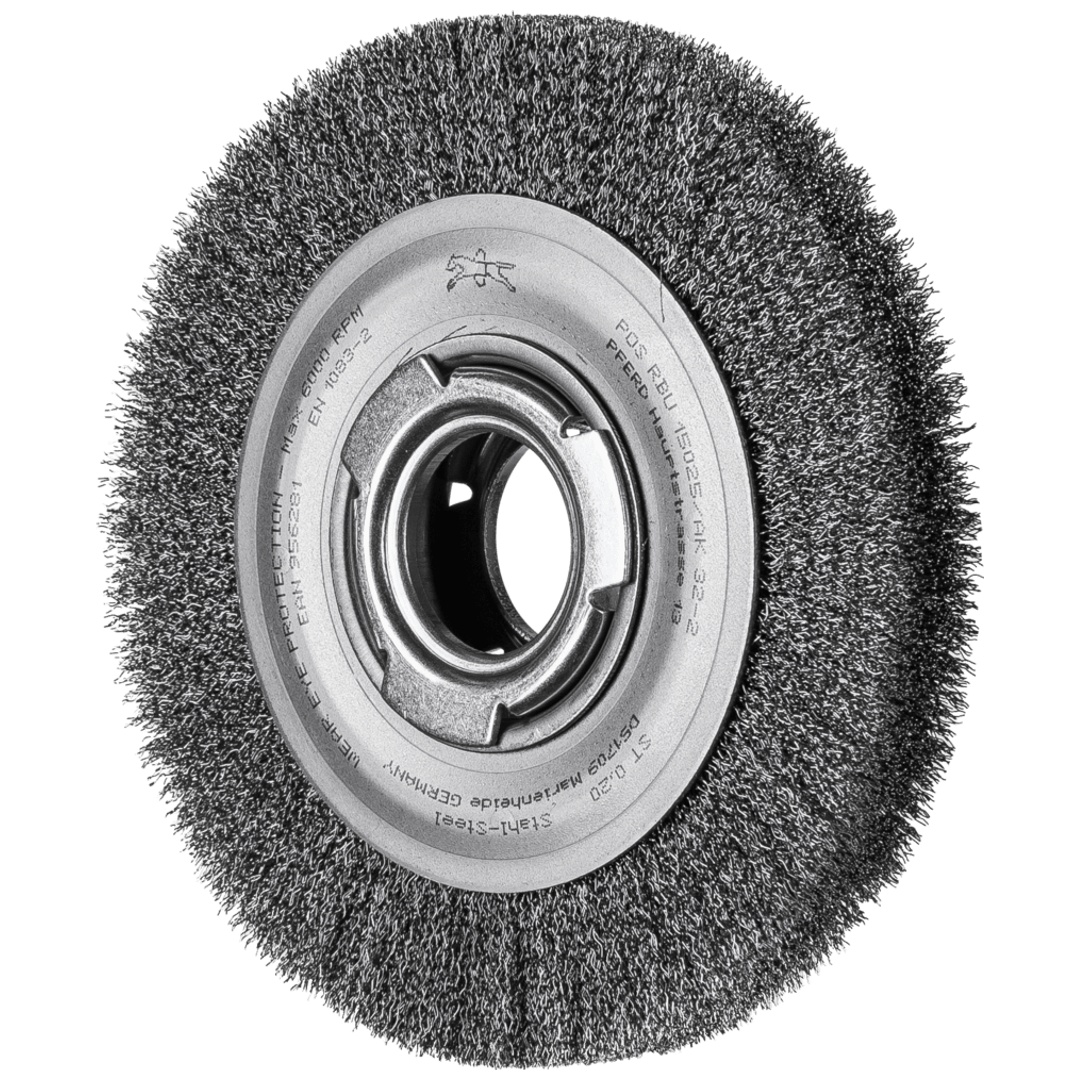 PFERD TOOLS Rundbürste breit ungezopft RBU Ø150x25xvariable Bohrung Stahl-Draht-Ø0,20 Schleifbock
