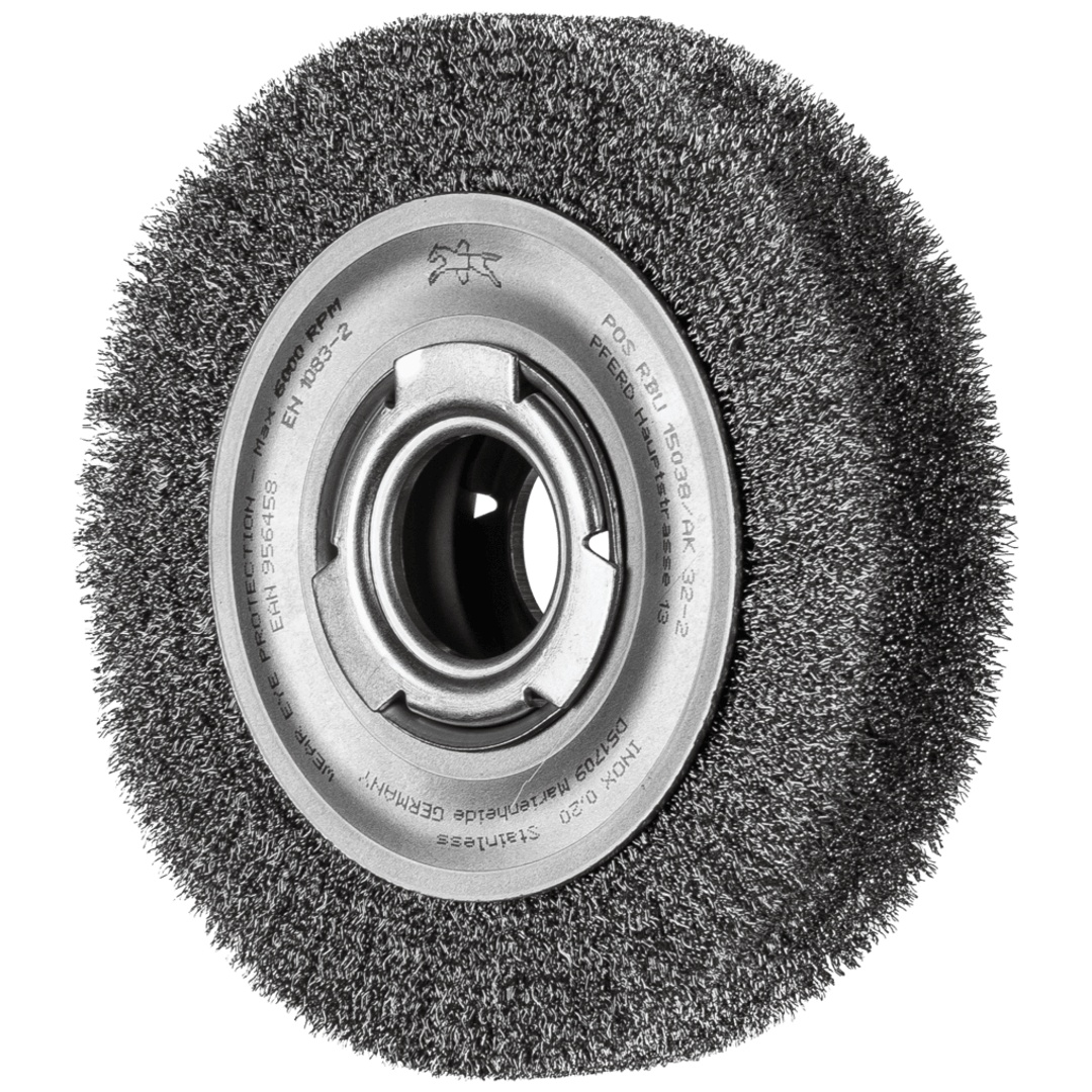 PFERD TOOLS Rundbürste breit ungezopft RBU Ø150x38xvariable Bohrung Edelstahl-Draht-Ø0,20 Schleifbock