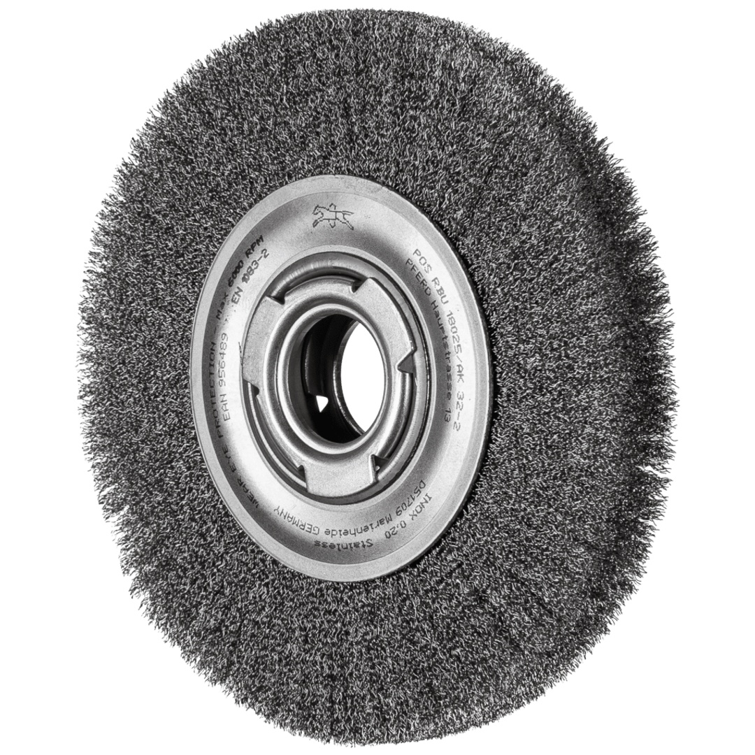 PFERD TOOLS Rundbürste breit ungezopft RBU Ø180x25xvariable Bohrung Edelstahl-Draht-Ø0,20 Schleifbock