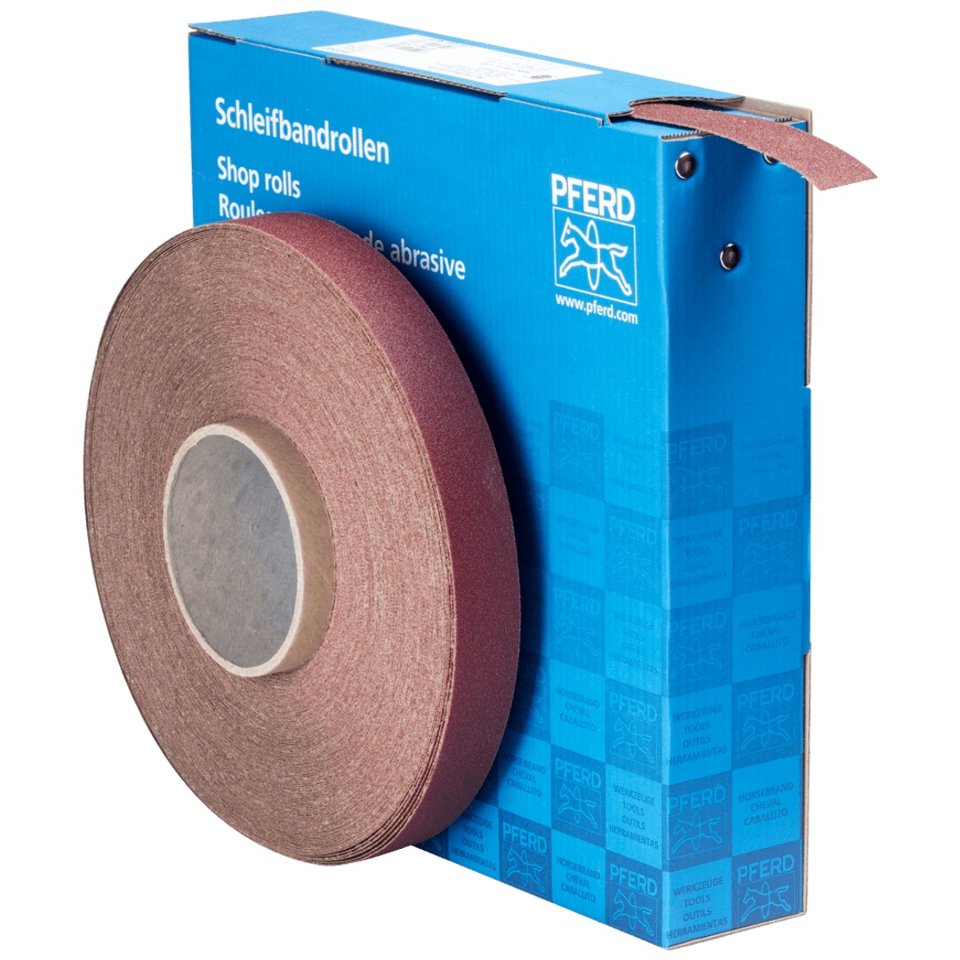 PFERD TOOLS Korund Schleifbandrolle Gewebe SBR Breite 25 mmxLänge 50m A100 für universelle Anwendung