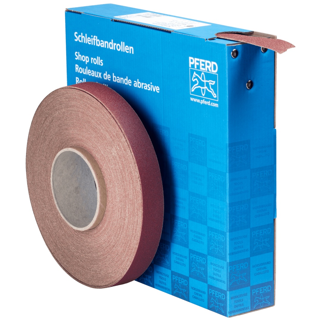 PFERD TOOLS Korund Schleifbandrolle Gewebe SBR Breite 25 mmxLänge 50m A120 für universelle Anwendung