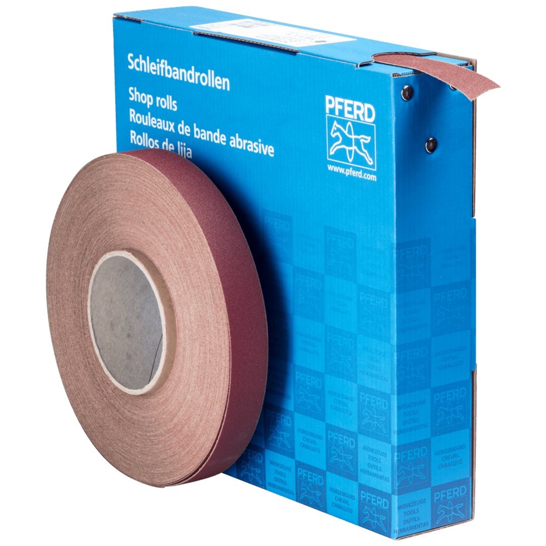 PFERD TOOLS Korund Schleifbandrolle Gewebe SBR Breite 25 mmxLänge 50m A150 für universelle Anwendung