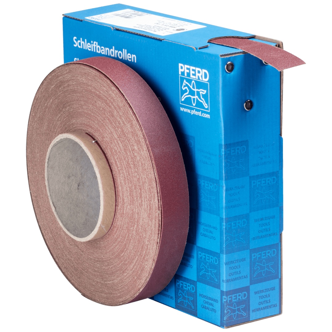PFERD TOOLS Korund Schleifbandrolle Gewebe SBR Breite 25 mmxLänge 50m A180 für universelle Anwendung