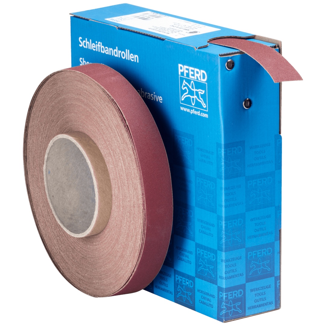 PFERD TOOLS Korund Schleifbandrolle Gewebe SBR Breite 25 mmxLänge 50m A240 für universelle Anwendung