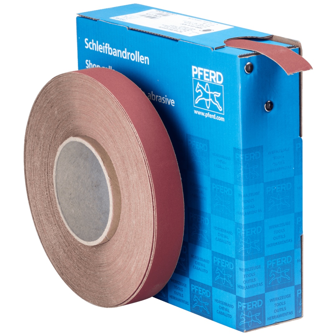 PFERD TOOLS Korund Schleifbandrolle Gewebe SBR Breite 25 mmxLänge 50m A400 für universelle Anwendung