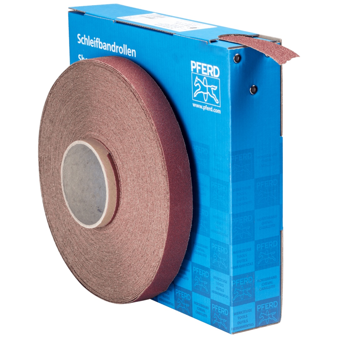 PFERD TOOLS Korund Schleifbandrolle Gewebe SBR Breite 25 mmxLänge 50m A60 für universelle Anwendung