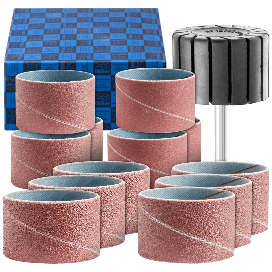 PFERD TOOLS Schleifhülsen-Set 13-tlg. Korund Ø 45x30mm A40,60,80,150 mit Halter Schaft-Ø 6 mm