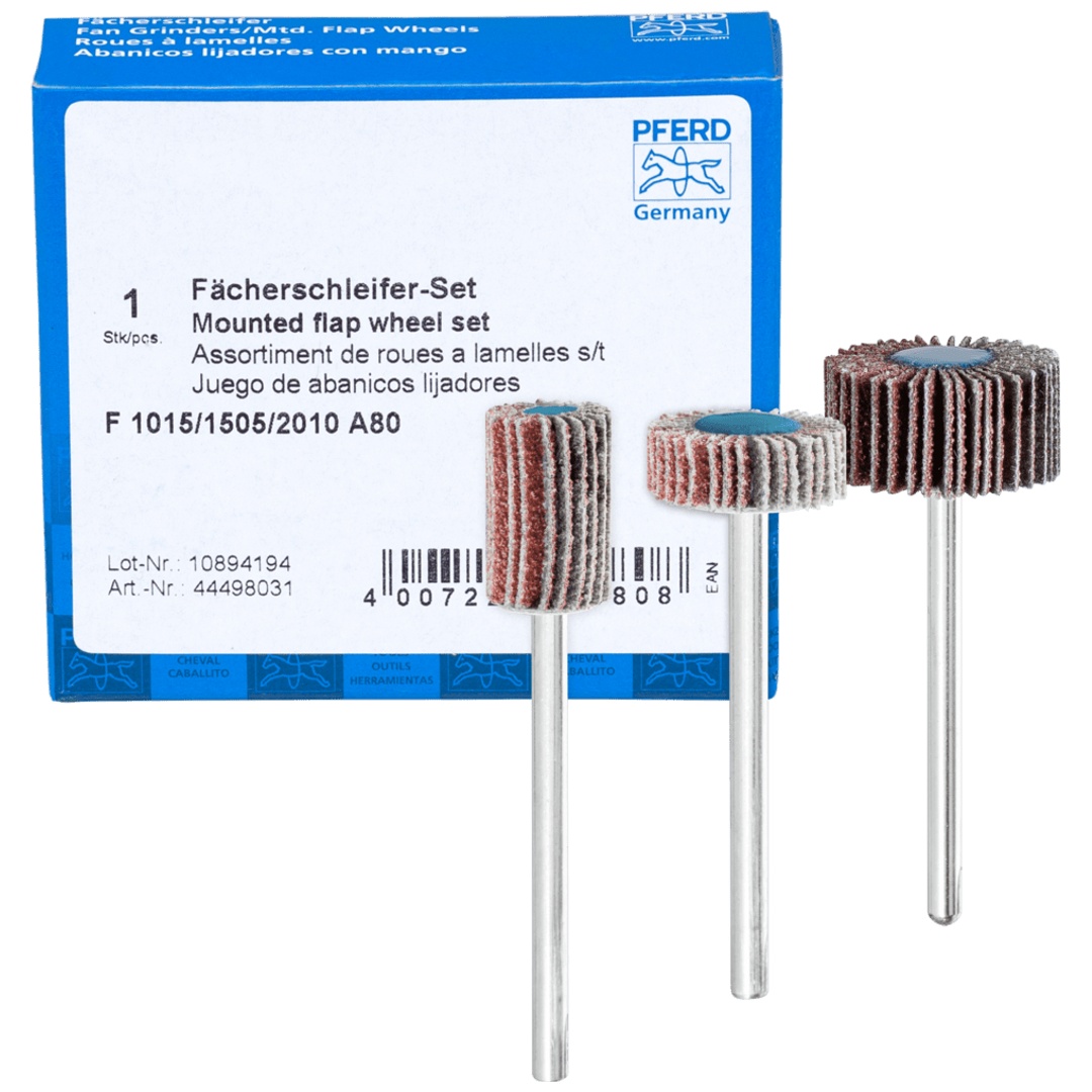 PFERD TOOLS Fächerschleifer-Set Korund A 80 Ø10x15mm, Ø15x5mm und Ø20x10mm Schaft-Ø3mm für Feinschliff & Finish