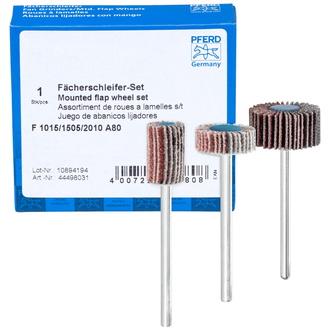 PFERD Fächerschleifer-Set Korund A 80 Ø10x15mm, Ø15x5mm und Ø20x10mm Schaft-Ø3mm für Feinschliff & Finish