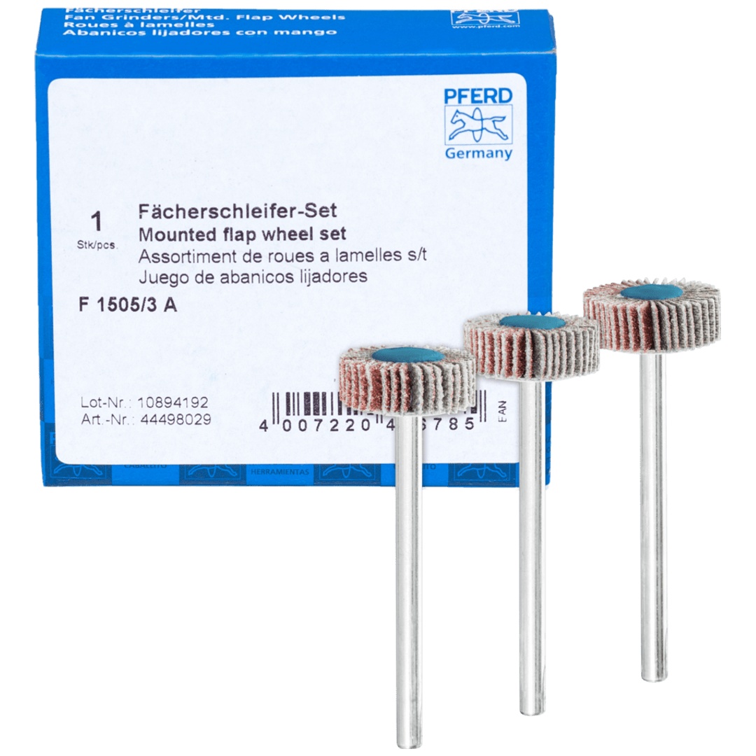 PFERD TOOLS Fächerschleifer-Set Korund Ø15x5mm Schaft-Ø3mm A 80,120 und 180 für Feinschliff & Finish