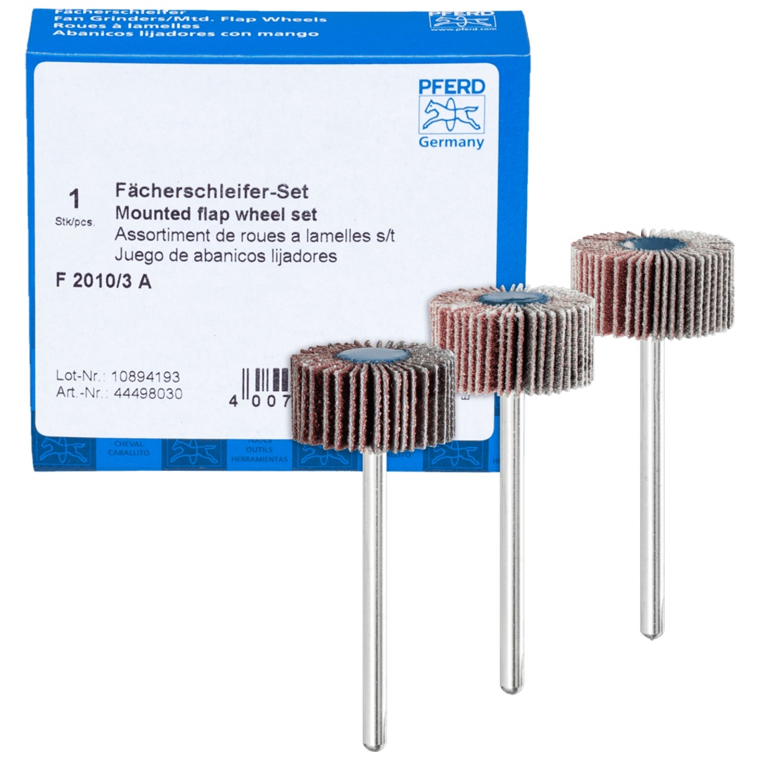 PFERD TOOLS Fächerschleifer-Set Korund Ø20x10mm Schaft-Ø3mm A 80,120 und 180 für Feinschliff & Finish