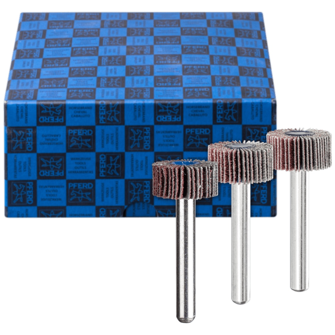 PFERD TOOLS Fächerschleifer-Set 3-tlg. Korund Ø 20x10mm Schaft-Ø 6 mm A60, 80,120 für Feinschliff und Finish