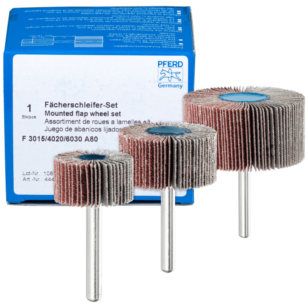 PFERD TOOLS Fächerschleifer-Set Korund A 80 Ø30x15mm, Ø40x20mm und Ø60x30mm Schaft-Ø6mm für Feinschliff & Finish