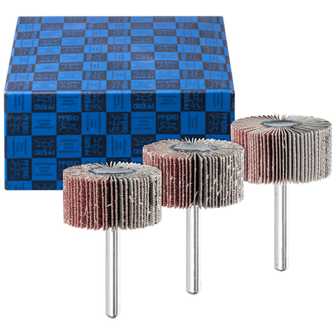 PFERD TOOLS Fächerschleifer-Set 3-tlg. Korund Ø 40x20mm Schaft-Ø 6 mm A60, 80,120 für Feinschliff und Finish