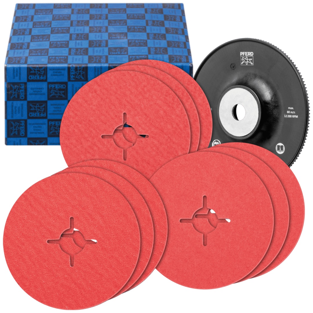 PFERD TOOLS Fiberscheiben-Set 10-tlg. Keramikkorn Ø 125 mm CO-COOL36,60,80 mit HGT-Stützteller Edelstahl