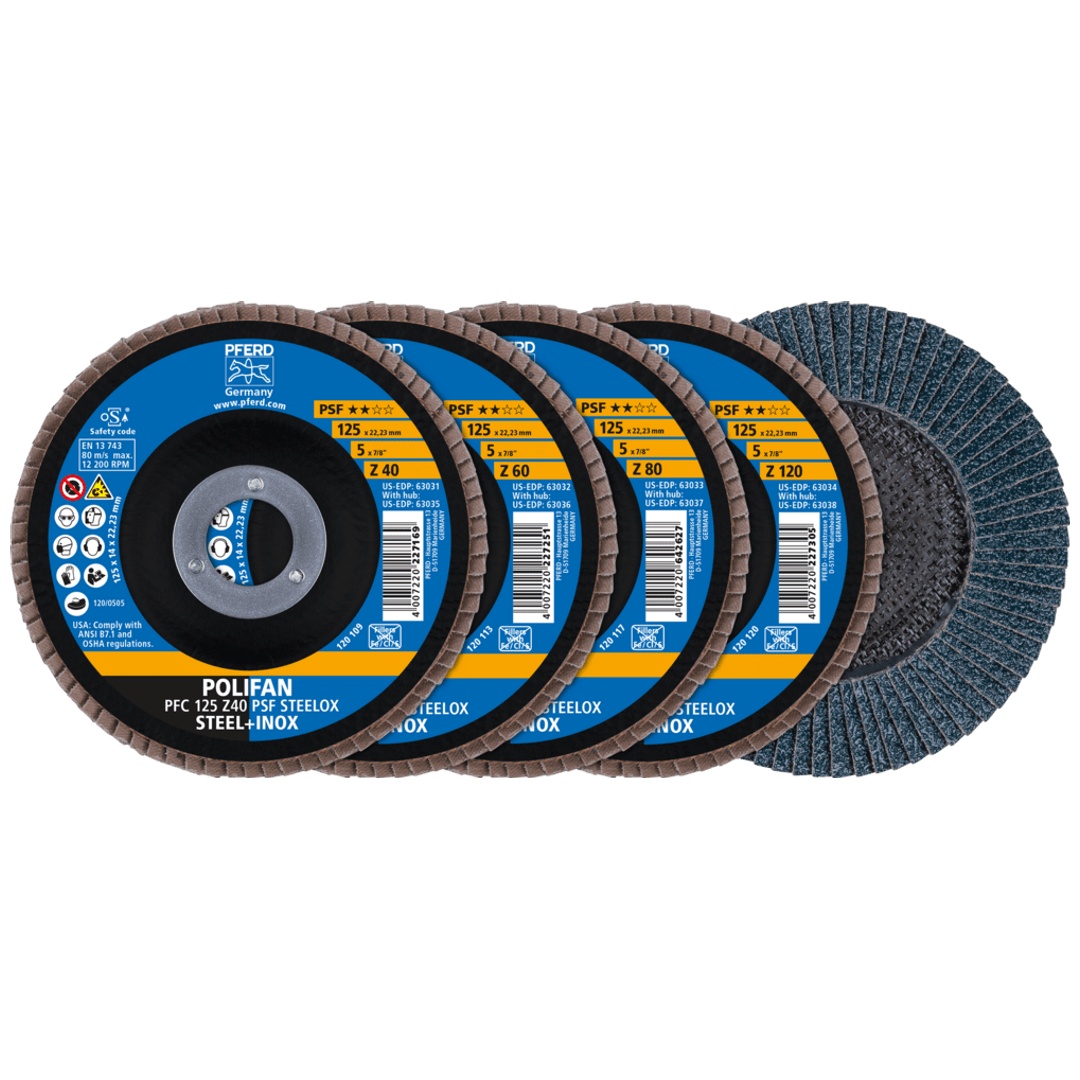 PFERD TOOLS POLIFAN Fächerscheiben Set PFC 125 konisch Z40/60/80/120 PSF STEELOX für Stahl/Edelstahl