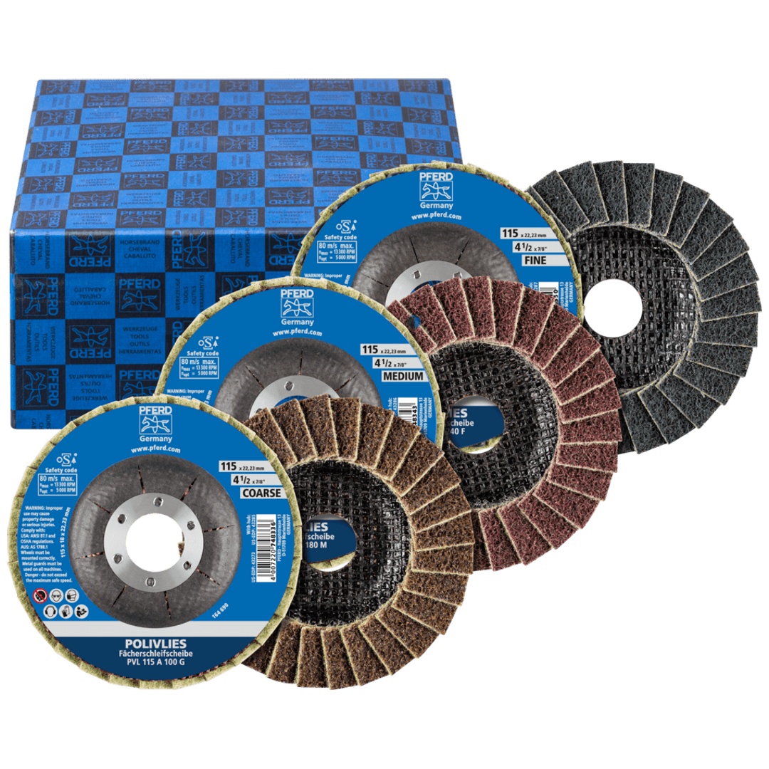 PFERD TOOLS POLIVLIES-Fächerscheiben-Set PVL Korund Ø115mm Bohrung Ø22,23mm A100,180,280