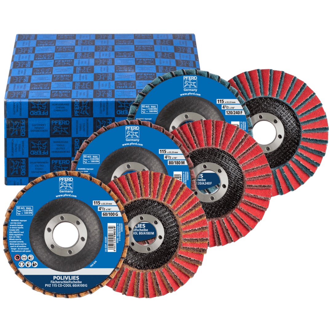 PFERD TOOLS POLIVLIES-Fächerscheiben Set PVZ Keramik Ø115mm Bohrung Ø22,23mm CO-COOL60/G,80/M,120/F