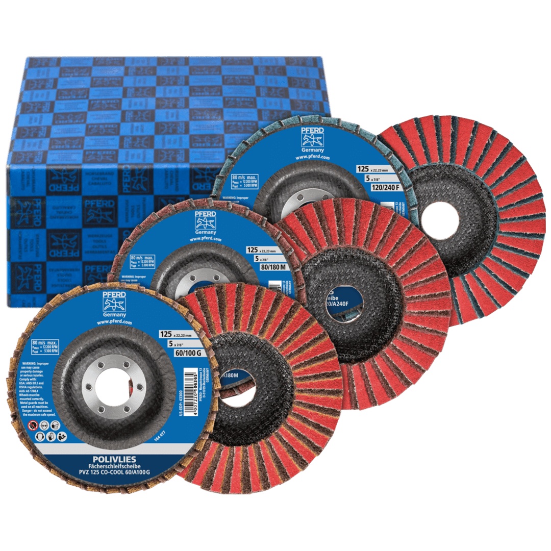 PFERD TOOLS POLIVLIES-Fächerscheiben Set PVZ 3-tlg. Keramik Ø 125 mm Boh. Ø 22,23 mm CO-COOL60/G,80/M,120/F