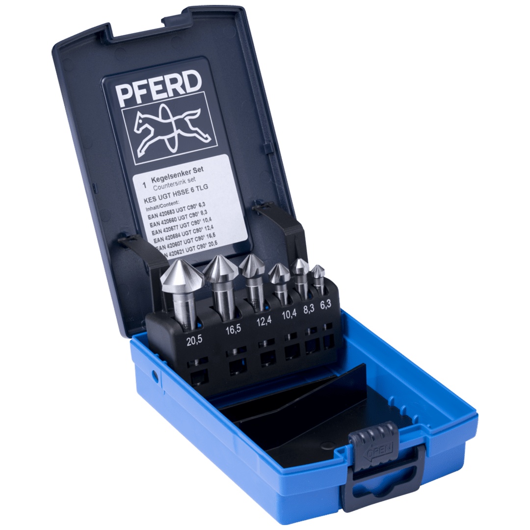 PFERD TOOLS HSSE-Kegelsenker-Set UGT 6-tlg. DIN 335 C 90° Ausführung Co5 mit Ungleichteilung