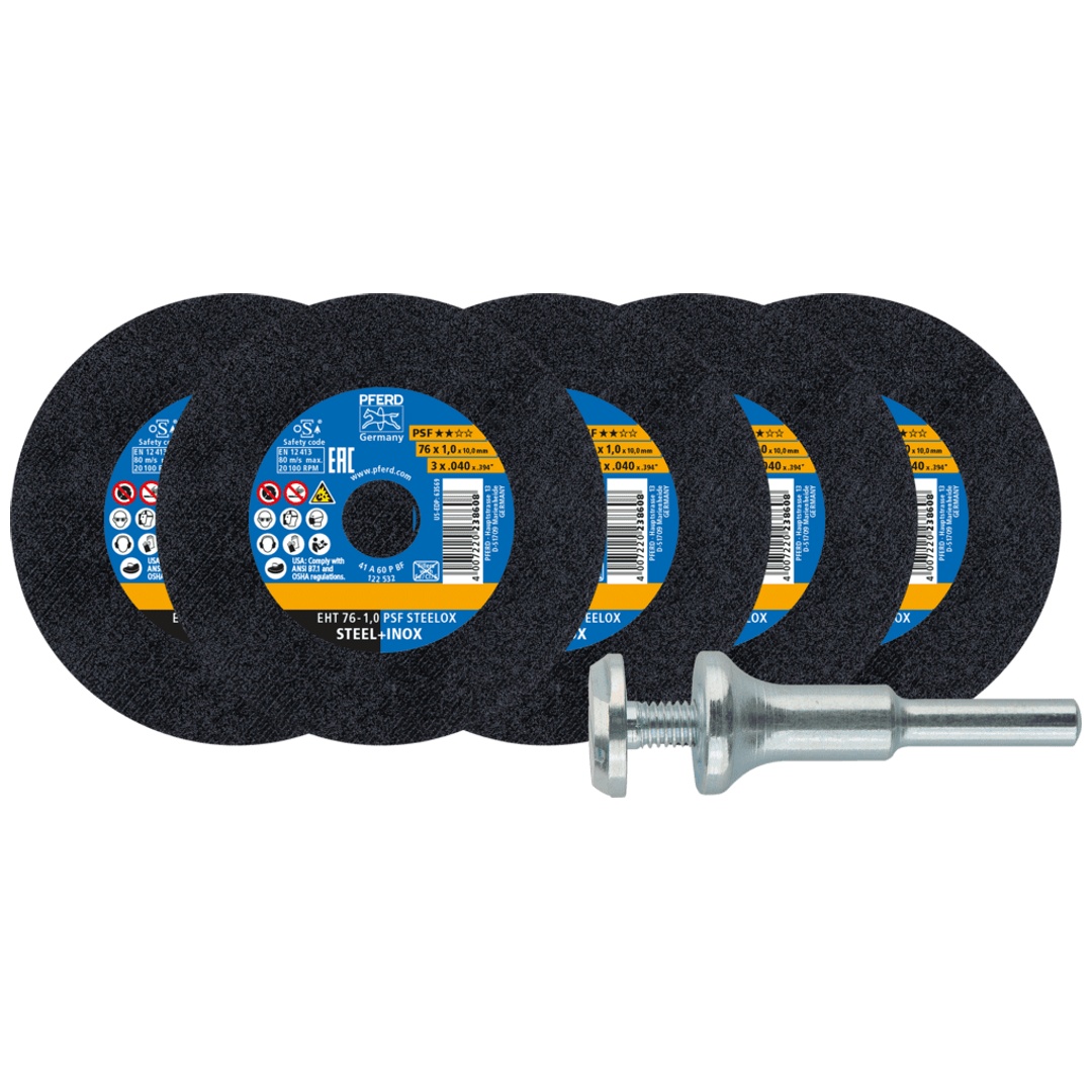 PFERD TOOLS 5x Trennscheiben EHT 76x1,0x10 mm gerade PSF STEELOX für Stahl/Edelstahl mit 1x Aufspannbolzen