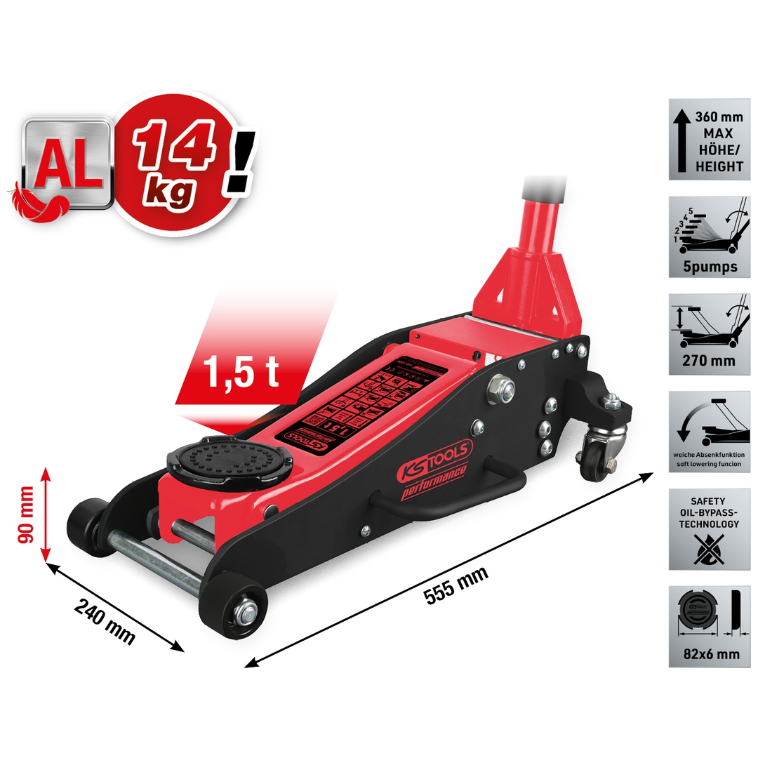 KS Tools performance Hydraulischer Aluminium-Wagenheber, 1500 kg, Hubhöhe: 90-360 mm