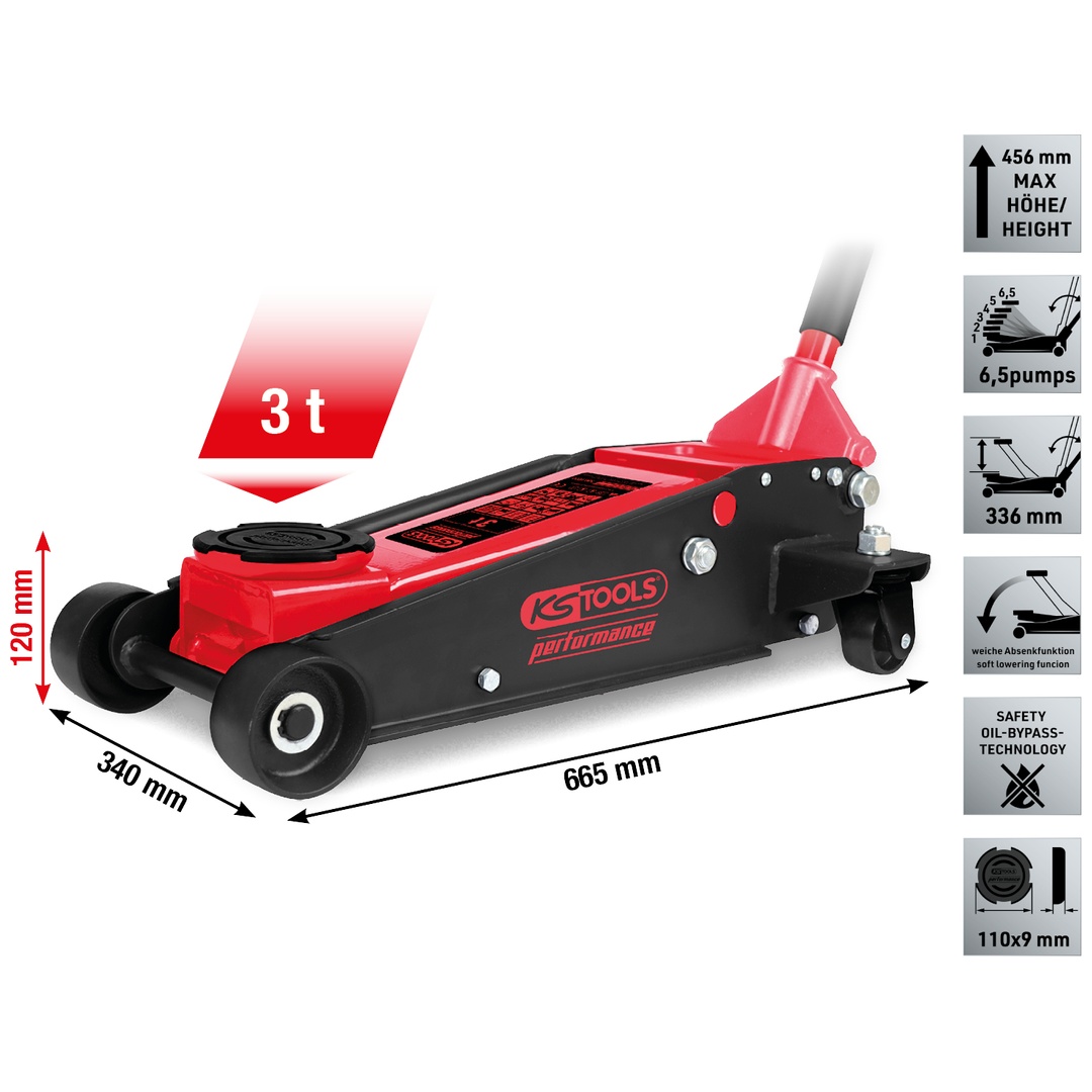 KS Tools performance Hydraulischer Stahl-Wagenheber, 3000 kg, Hubhöhe: 120-456 mm