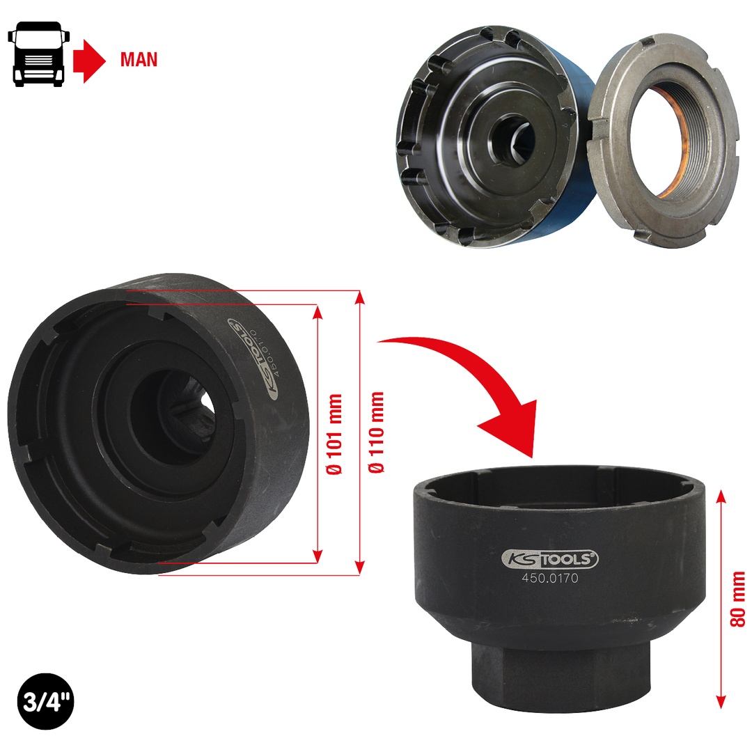 KS Tools 3/4 Nutmuttern-Schlüssel mit 6 Zapfen für MAN, 101-110 mm