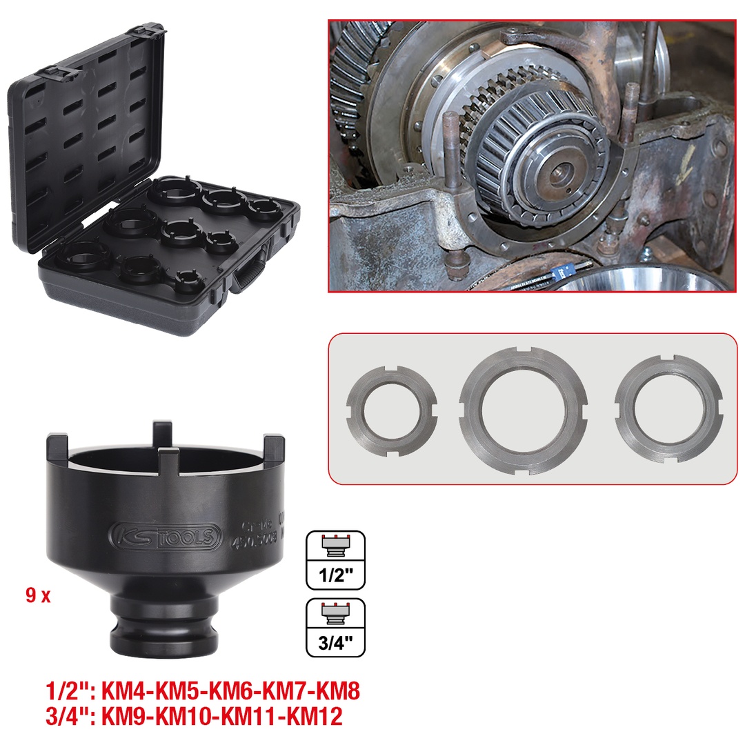 KS Tools Nutmuttern-Schlüssel-Satz, Zapfen aussen liegend, 9-tlg