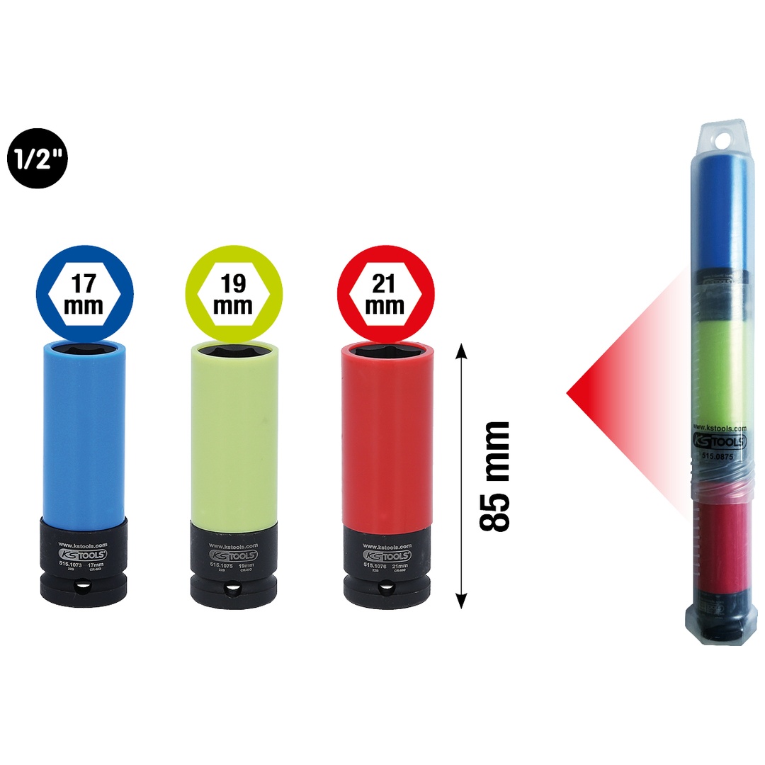 KS Tools 1/2 Alu-Felgen Kraft-Stecknuss-Satz robust, 3-tlg in Kunstoffrohr