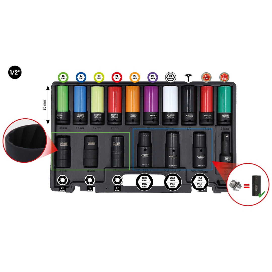 KS Tools 1/2 MASTER Spezial-Kraft-Stecknuss-Satz für Radverschraubungen, 17-tlg