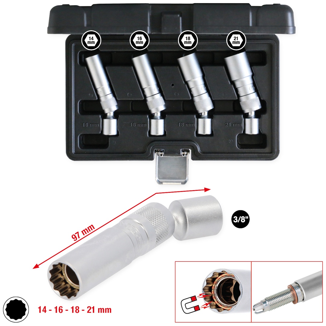 KS Tools 3/8 Zündkerzen-Stecknuss-Satz, 4-tlg, magnetisch mit Gelenk