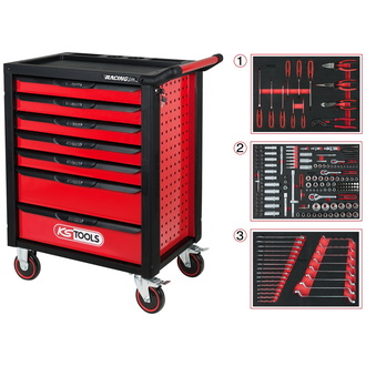 KS Tools RACINGline SCHWARZ/ROT Werkstattwagen mit 7 Schubladen und 215 Premium-Werkzeugen