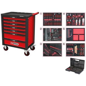 KS Tools RACINGline SCHWARZ/ROT Werkstattwagen mit 7 Schubladen und 598 Premium-Werkzeugen