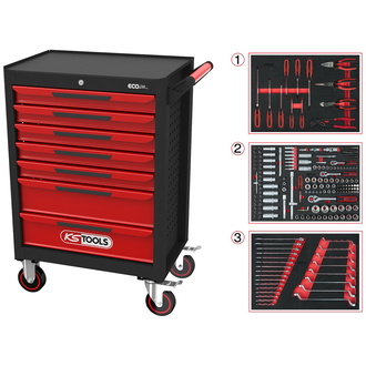 KS Tools ECOline SCHWARZ/ROT Werkstattwagen mit 7 Schubladen und 215 Premium-Werkzeugen