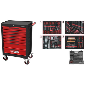 KS Tools ECOline SCHWARZ/ROT Werkstattwagen mit 7 Schubladen und 515 Premium-Werkzeugen