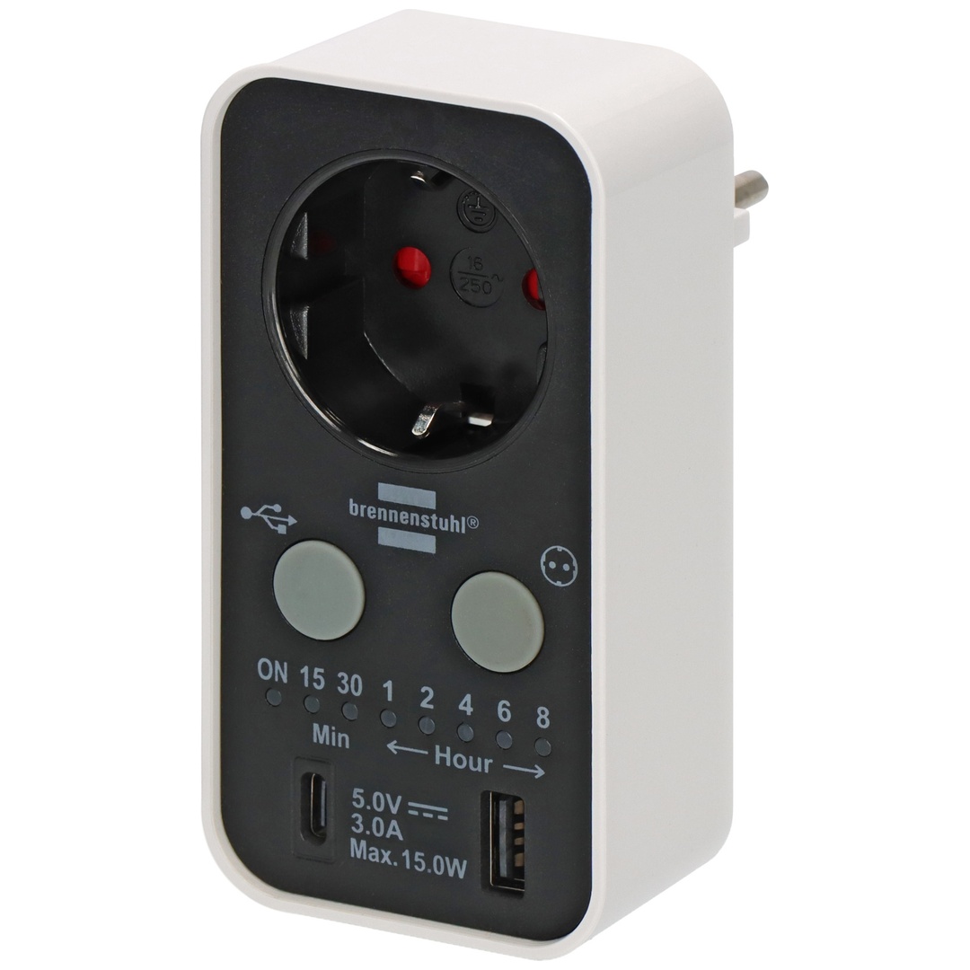 Brennenstuhl Digitaler Countdown Timer mit USB A und USB C (Timer-Steckdose für den Innenbereich, Countdown in 7 Stufen einstellbar, mit erhöhtem Berü
