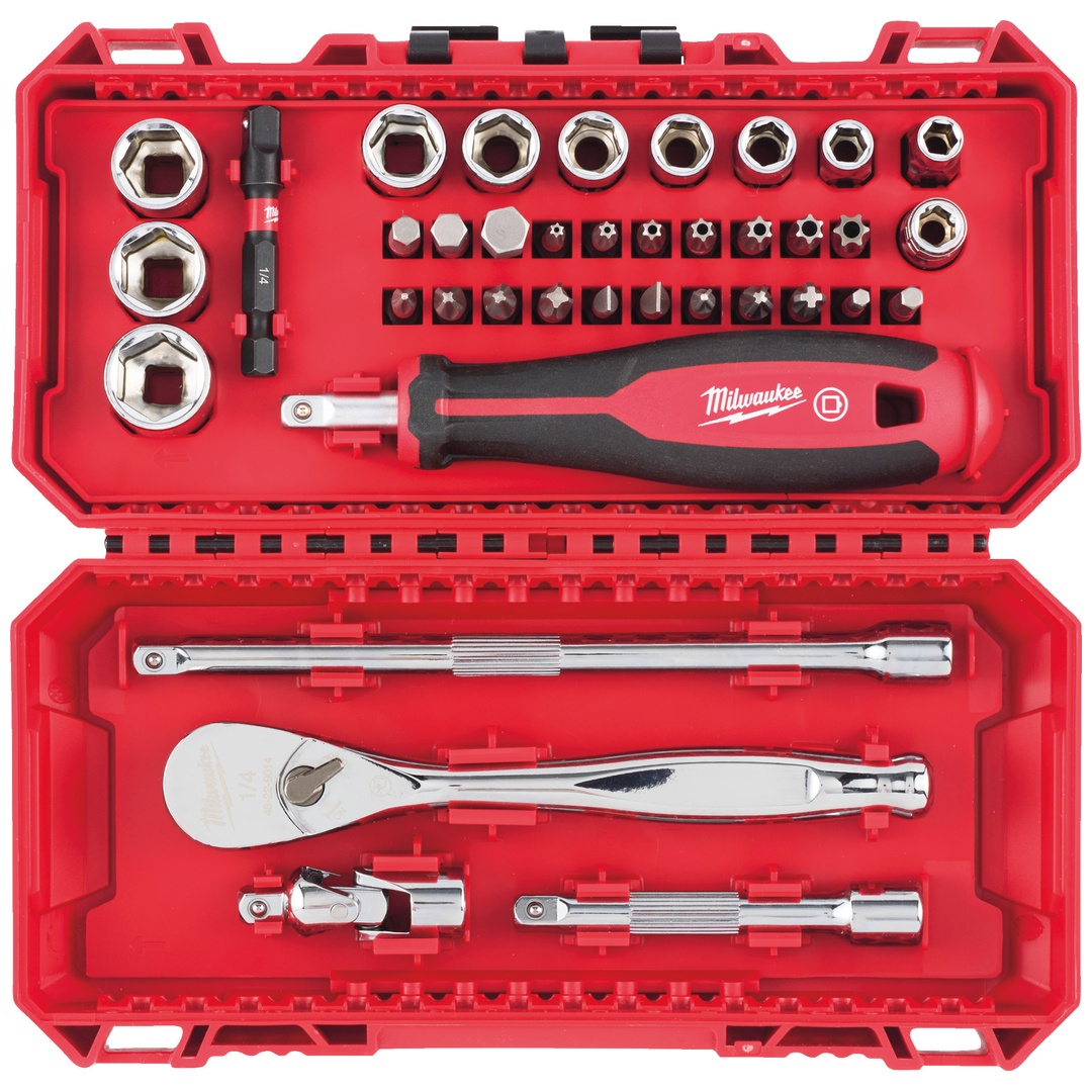Milwaukee 1/4 Ratschen, Steckschlüsseleinsatz und Schraubendreher Set in PACKOUT kompatibler Kasette, 38-tlg.