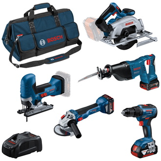 Bosch Combo Kit 18V (5): GSR+GWS+GKS+GSA+GST + 3x Akku 4 Ah + GAL + Tasche L