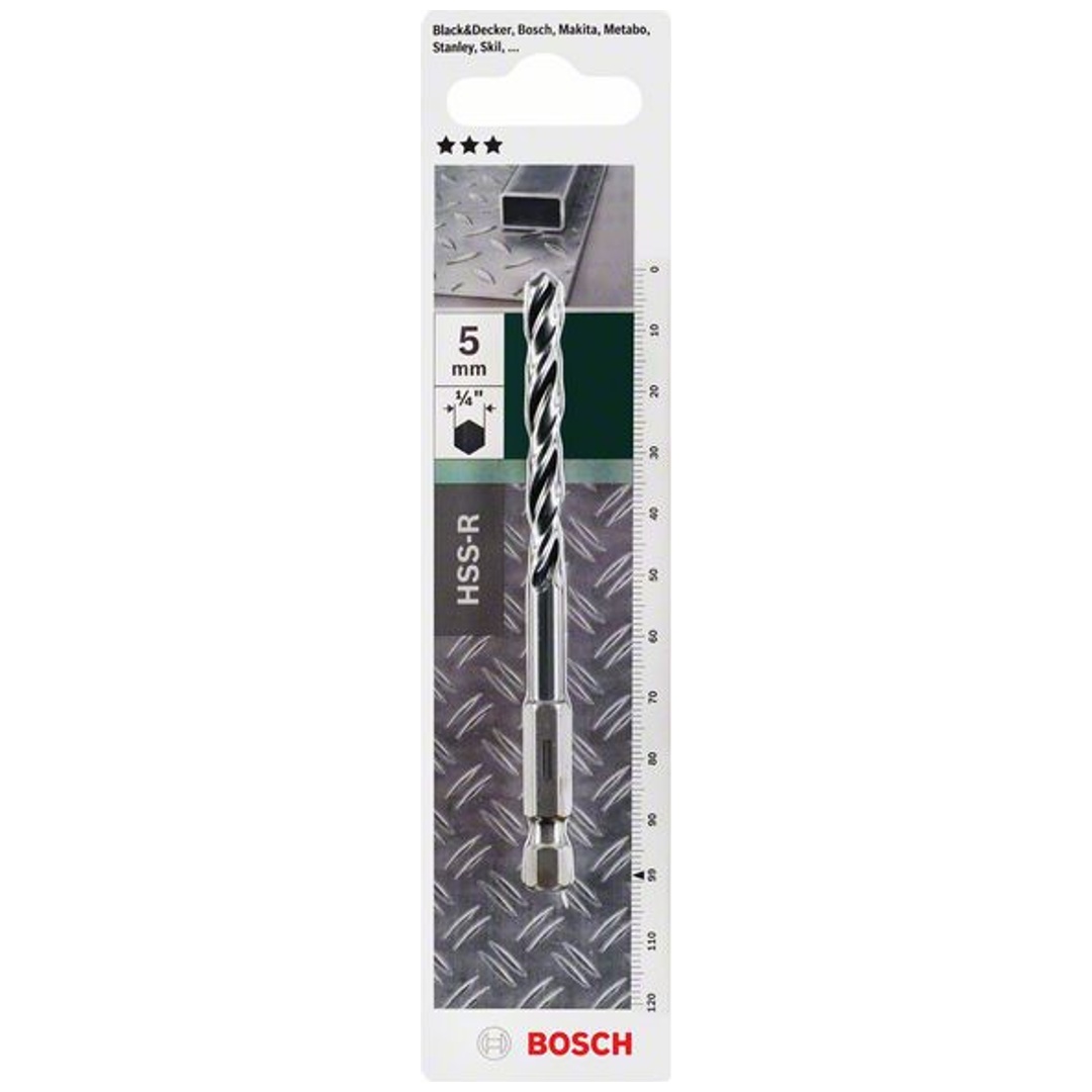Bosch Metallspiralbohrer-HSS- R, DIN 338 mit 1/4-Sechskantschaft 5,0 x 52 x 99 mm