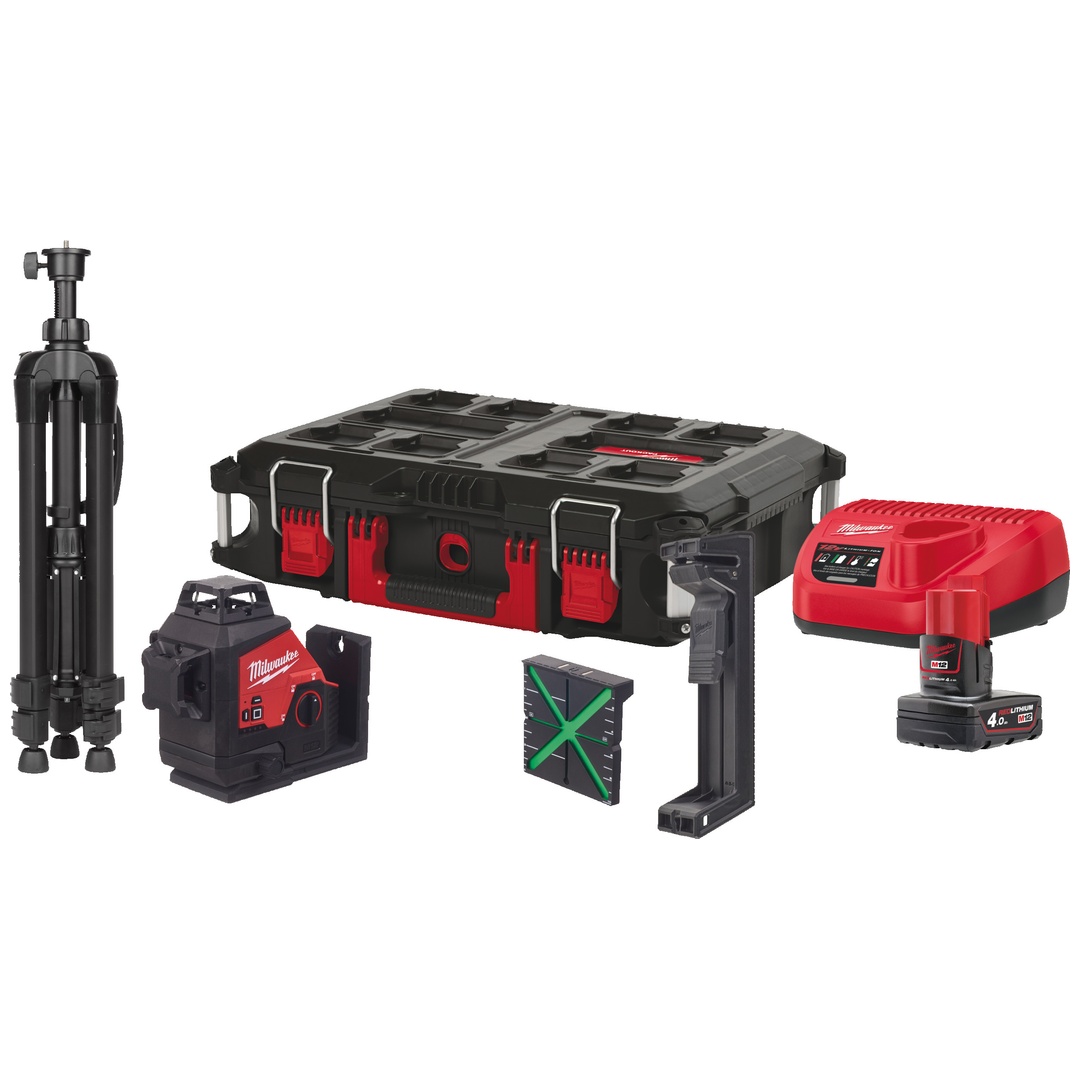 Milwaukee Akku-Kreuzlinienlaser 3 x 360° Kit M123PLSKIT-401P, incl. 1x Akku 4 Ah, Ladegerät, Zubehör, PACKOUT Koffer