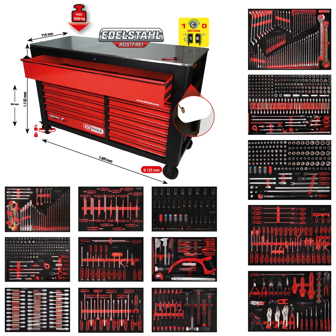 KS Tools PERFORMANCEplus Werkstattwagen-Satz P45 mit 950 Werkzeugen für 13 Schubladen