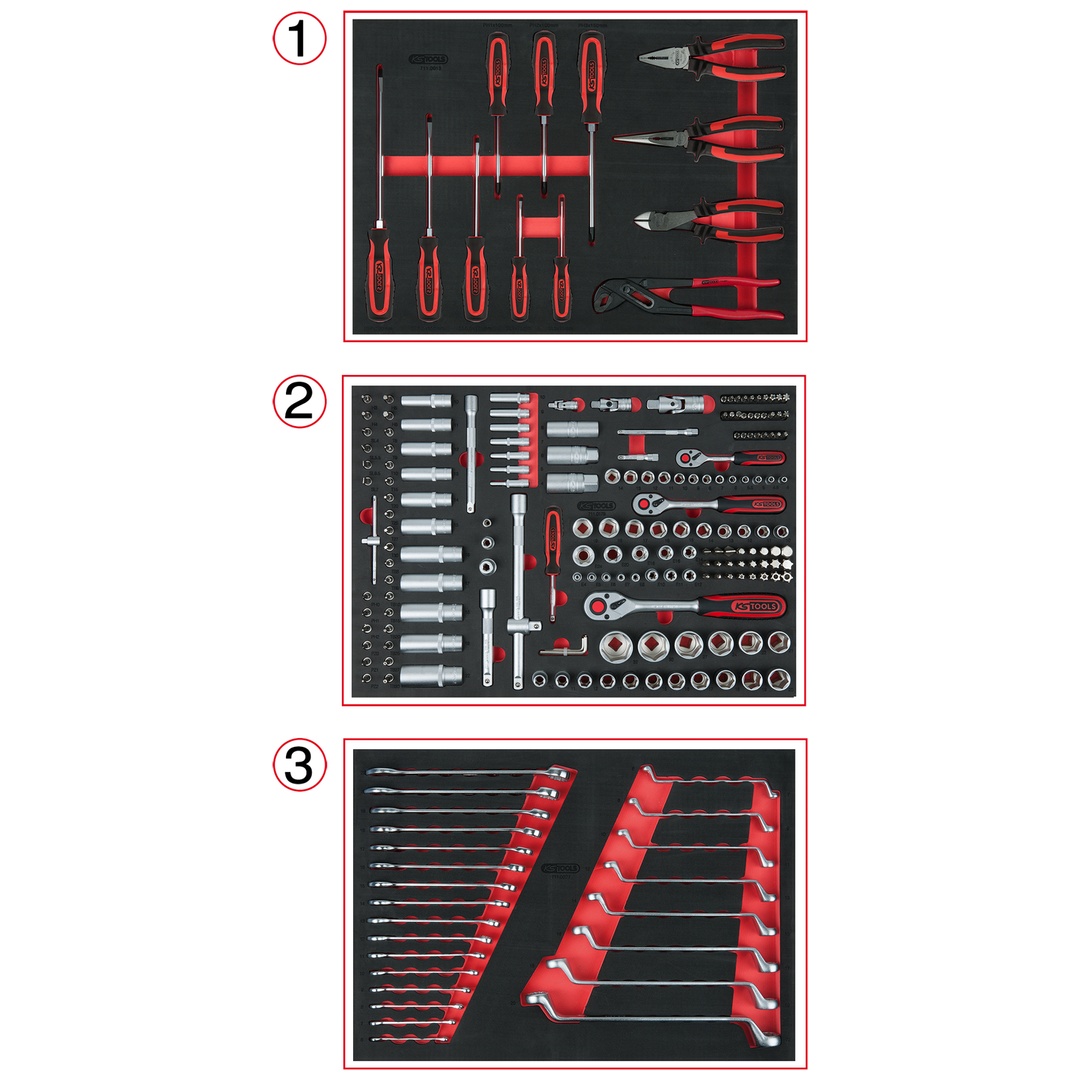 KS Tools Universal-Systemeinlagen-Satz für 3 Schubladen mit 215 Premium-Werkzeugen